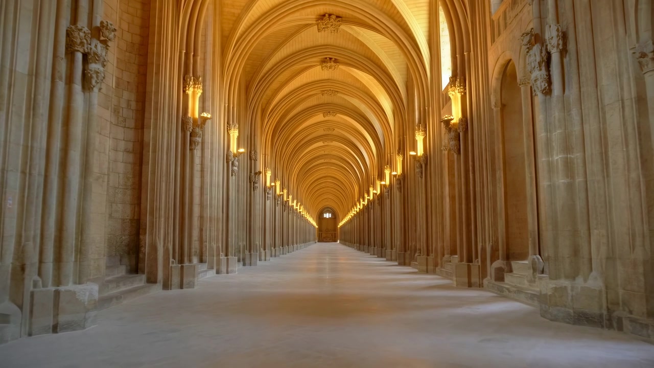 Interno di una grande cattedrale con soffitti a volta e colonne immersi in luce dorata, scatto statico grandangolare dalla navata che guarda verso l'altare, architettura religiosa serena e maestosa.