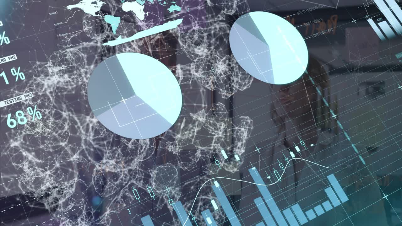 Animation of data processing over diverse business people in office