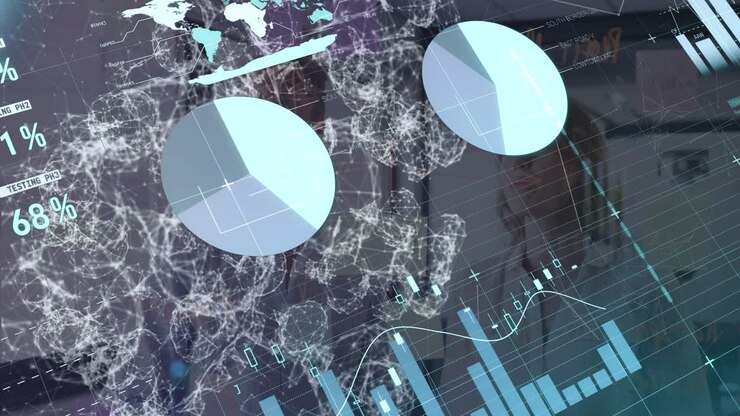 Animation of data processing over diverse business people in office