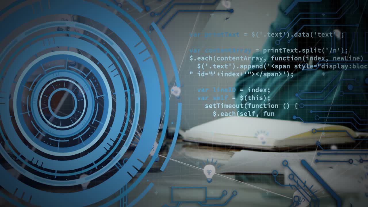 Woman tapping tablet and referencing notebook, HUD rings and code overlays animating for coding
