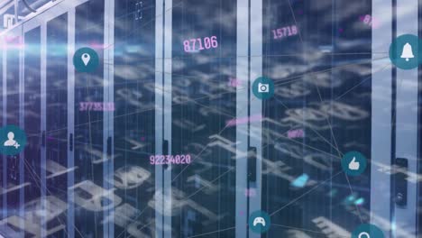 animación del procesamiento de datos y los iconos de los medios en la sala del servidor