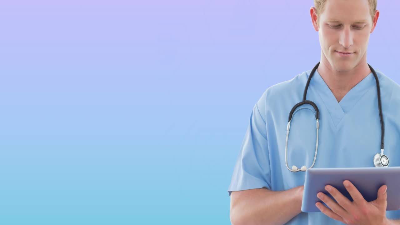 Animation of caucasian male doctor using tablet on blue background with copy space