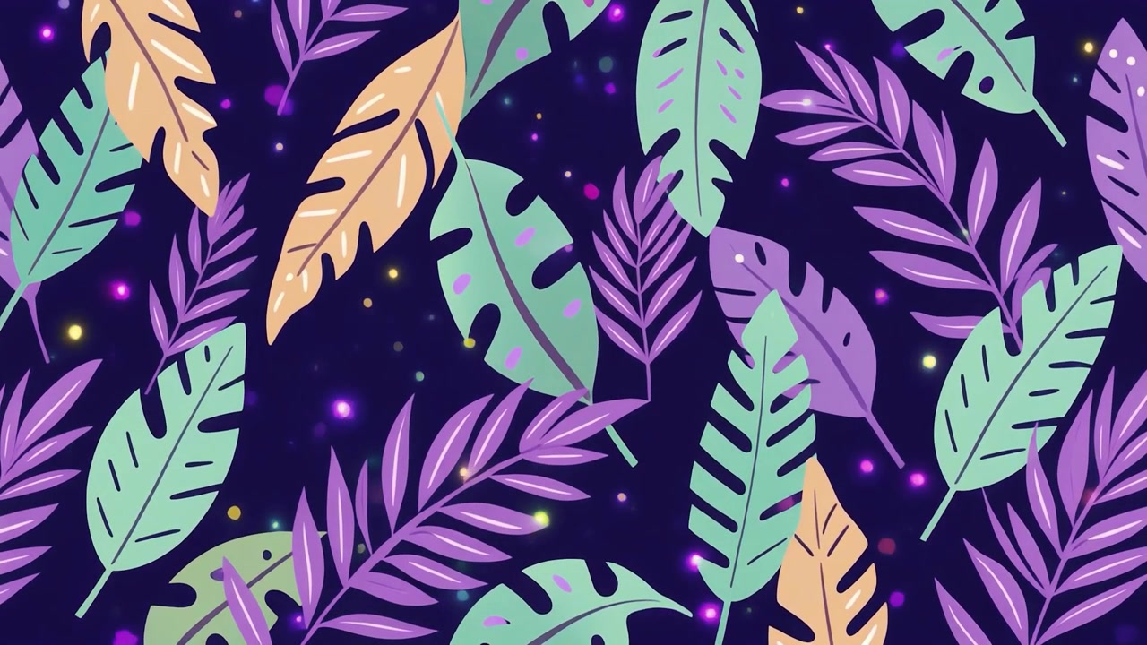 Animated Tropical Leaves Pattern with Glowing Particles on Dark Background
