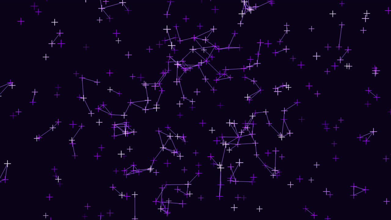 Abstract space background with purple glowing stars, constellation shapes and connecting line network on dark sky, ideal for sci-fi, astronomy, tech and futuristic visuals