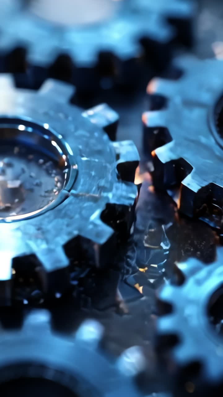 A close up of a bunch of blue gears. The gears are all different sizes and are arranged in a pattern. Concept of precision and order, as the gears are all lined up