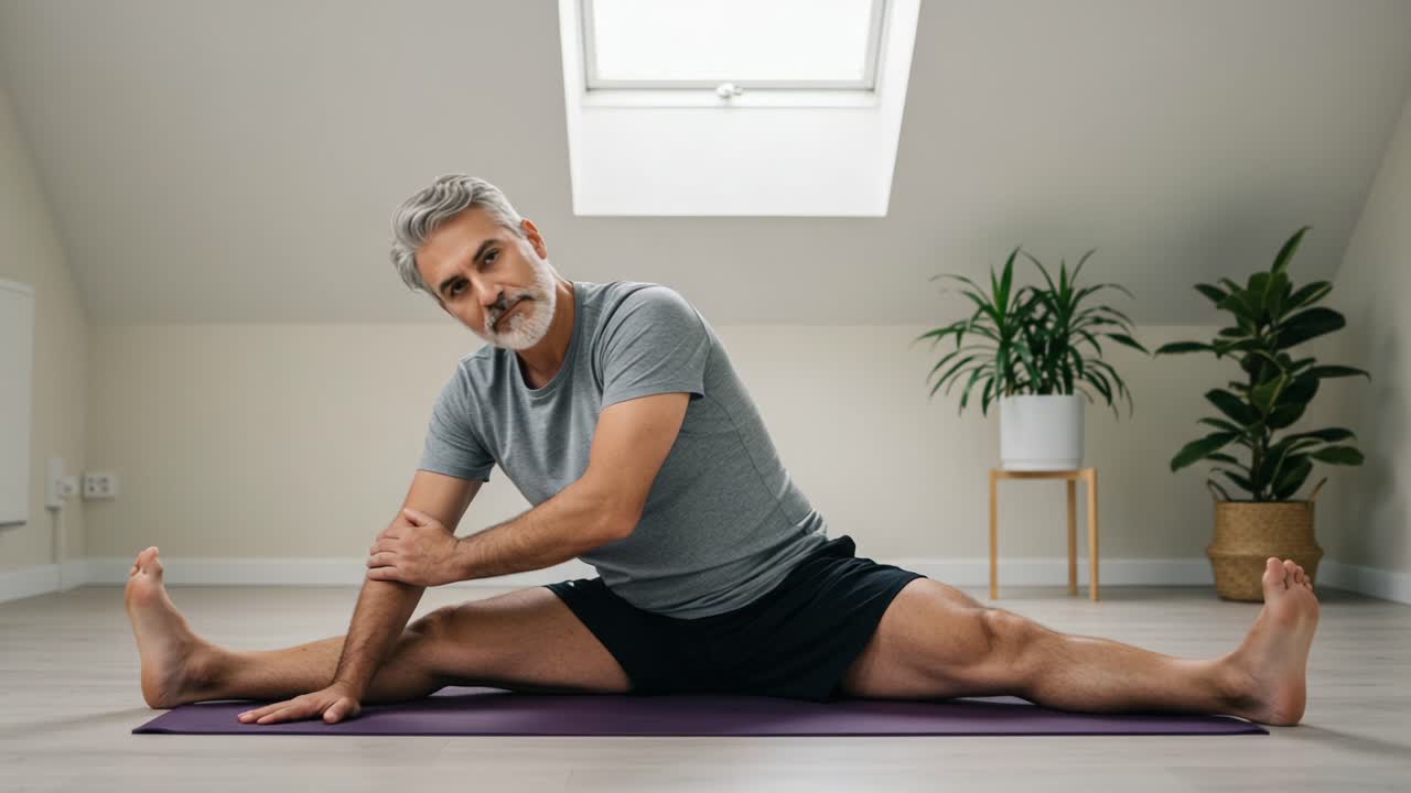 An Individual Engaged in a Stretching Exercise on a Yoga Mat, Displaying Flexibility and Balance in a Serene Indoor Environment