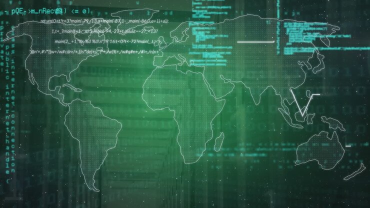 Animation of layers of processing data over world map on green background