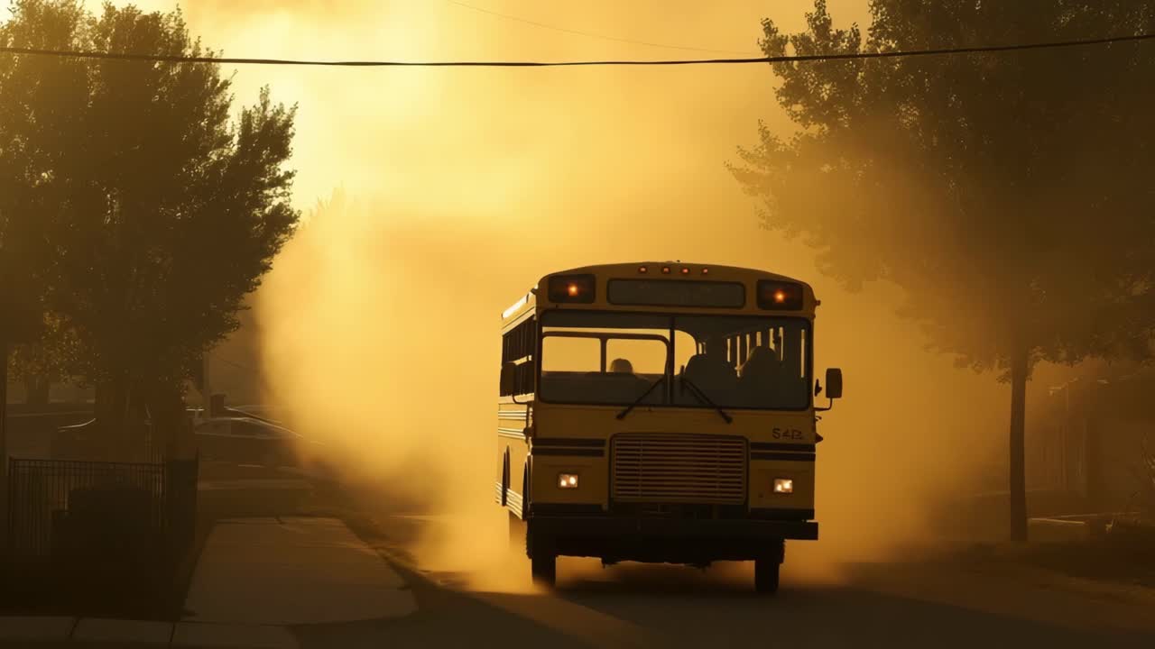 School bus driving on a dusty street during sunset