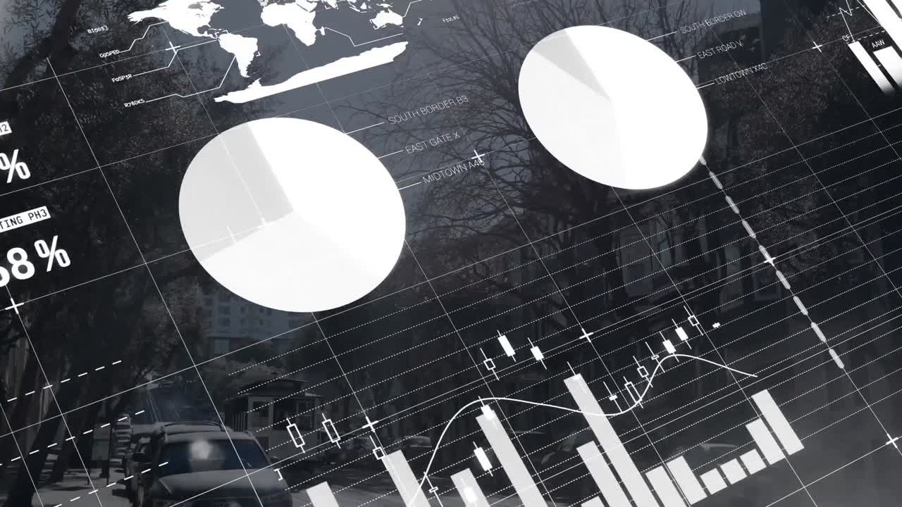 animación de estadísticas y procesamiento de datos financieros sobre el paisaje urbano