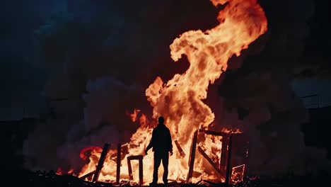man watching a large bonfire at night