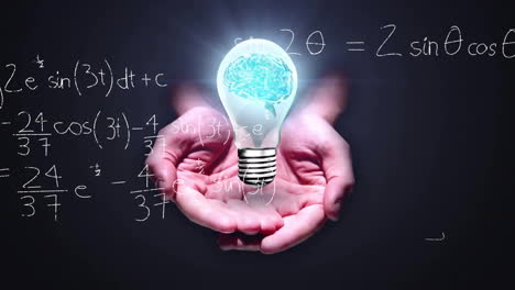 Animation-of-light-bulb-with-brain-over-woman's-hands-and-mathematical-data-processing