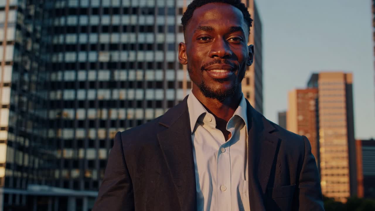 ambicioso joven gerente afroamericano con confianza de pie en traje profesional, sonriendo mientras mira a la cámara con el horizonte urbano del atardecer y edificios de oficinas modernos en el fondo
