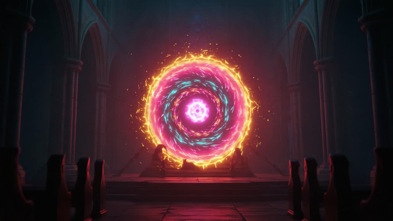 A Mysterious Portal Transitions from a Vibrant Energy Sphere to a Subdued Hollow Circle in an Ancient Stone Sanctuary