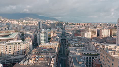 Skyline-aerial-view-over-rooftops-at-Via-XX-Settembre,-Genoa,-Italy