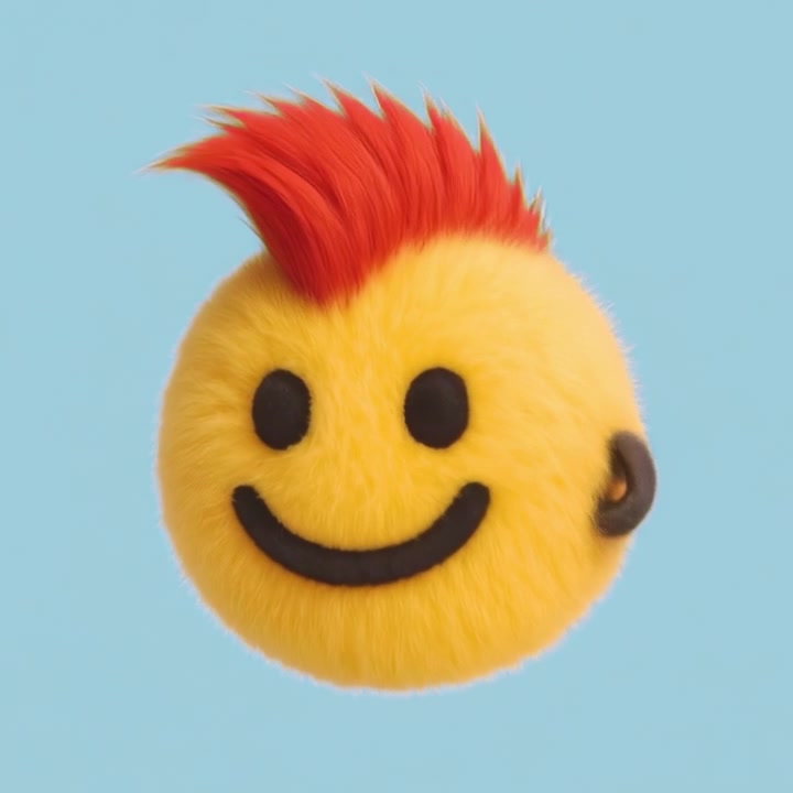 Personaggio emoji giallo soffice 3D animato con cresta rossa