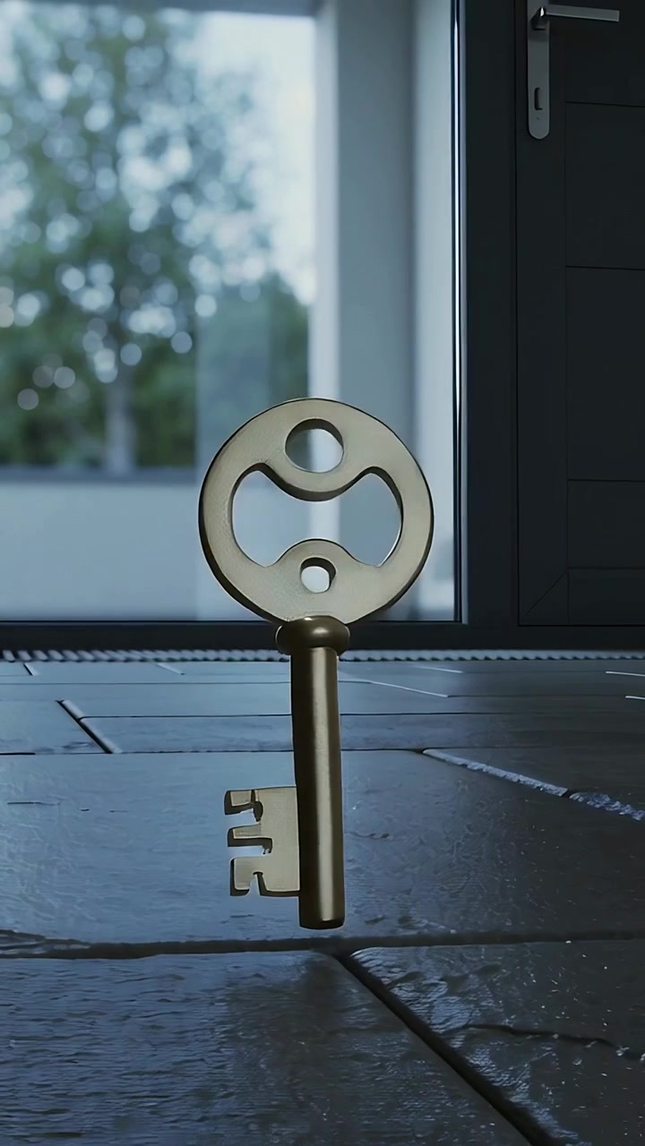 Vertical video: Emerging brass key rotating from left toward glass door in foyer, landing on tile