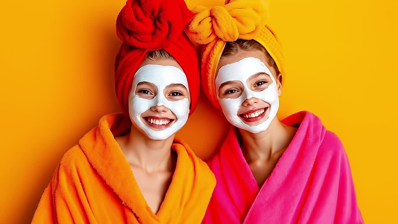 Two girls in towels with facial masks on their faces