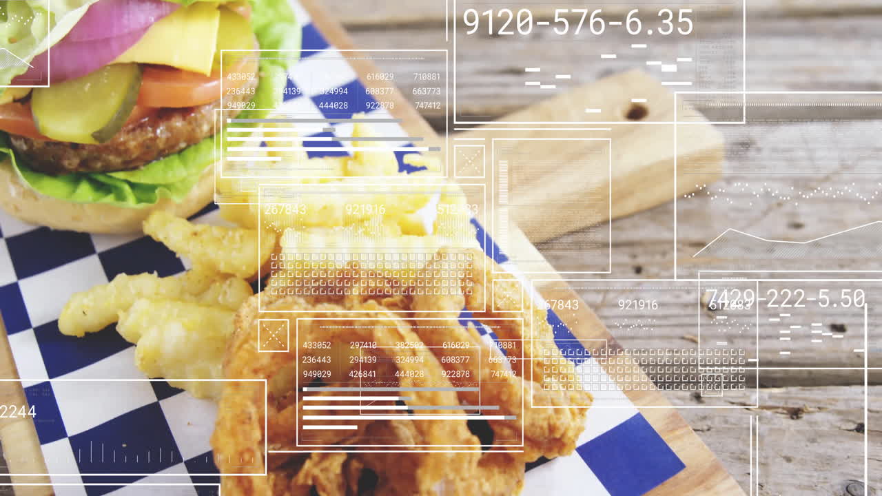 Fried chicken and fries on checkered paper with data processing animation overlay