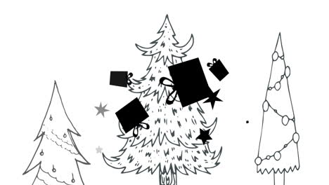 digital animation of gift boxes moving over three christmas trees against white background