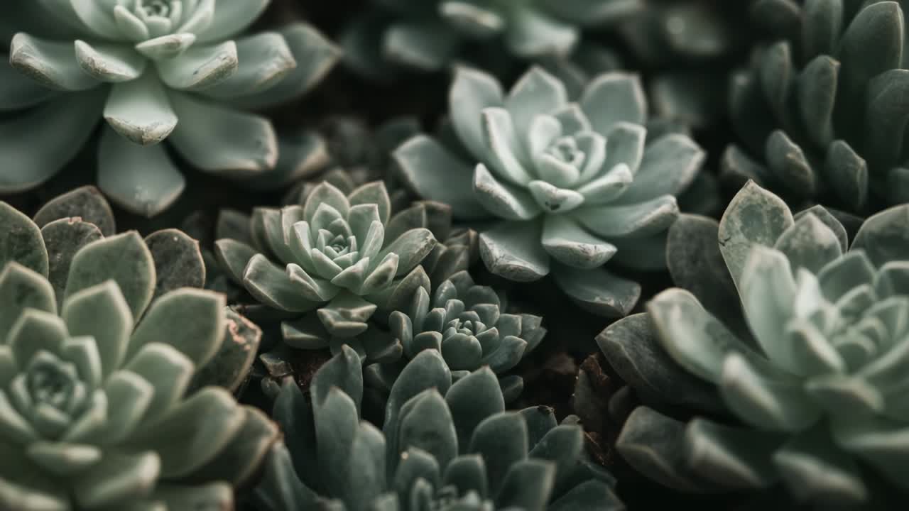 Recording camera panning at 3s, focusing on succulent cluster in greenhouse, revealing texture
