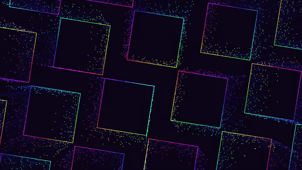 Rainbow neon squares pattern with small motion dots and lines