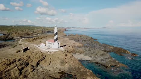 Scenic-View-Of-Favaritx-Lighthouse-In-Menorca,-Spain---aerial-drone-shot