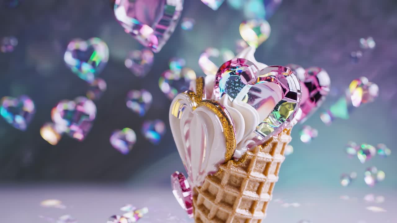 corazones iridescentes cayendo sobre un cono de helado de colores pastel, adornado con dulces en forma de corazón y crema batida esponjosa, creando una atmósfera romántica de ensueño