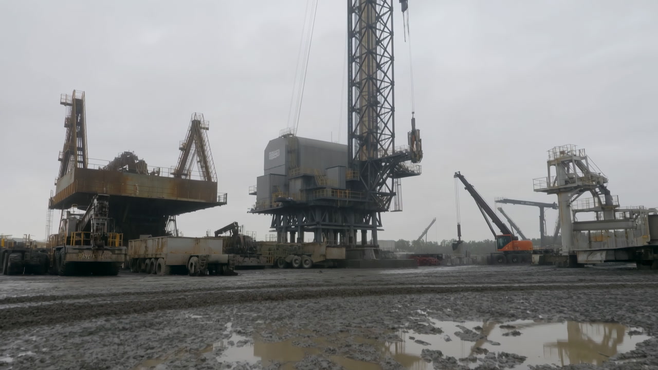 Muddy Industrial Port With Cranes Giant Dockside Cranes And Heavy Machinery Stand Above Waterlogged Gravel