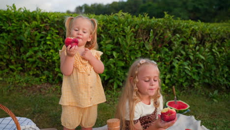 two little sisters enjoying a picnic with peaches and watermelon in a tea plantation