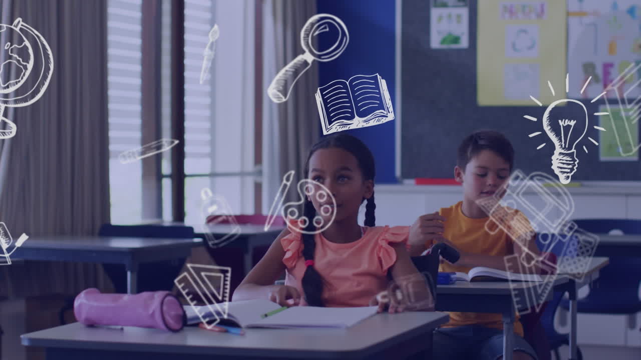 Animation of school items icons over schoolchildren in classroom