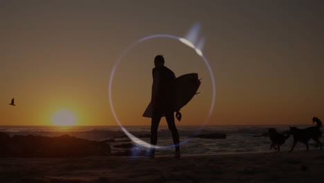 male surfer standing on beach at sunset, integrating animated marketing icons and wave data charts
