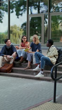 students discussing on campus steps