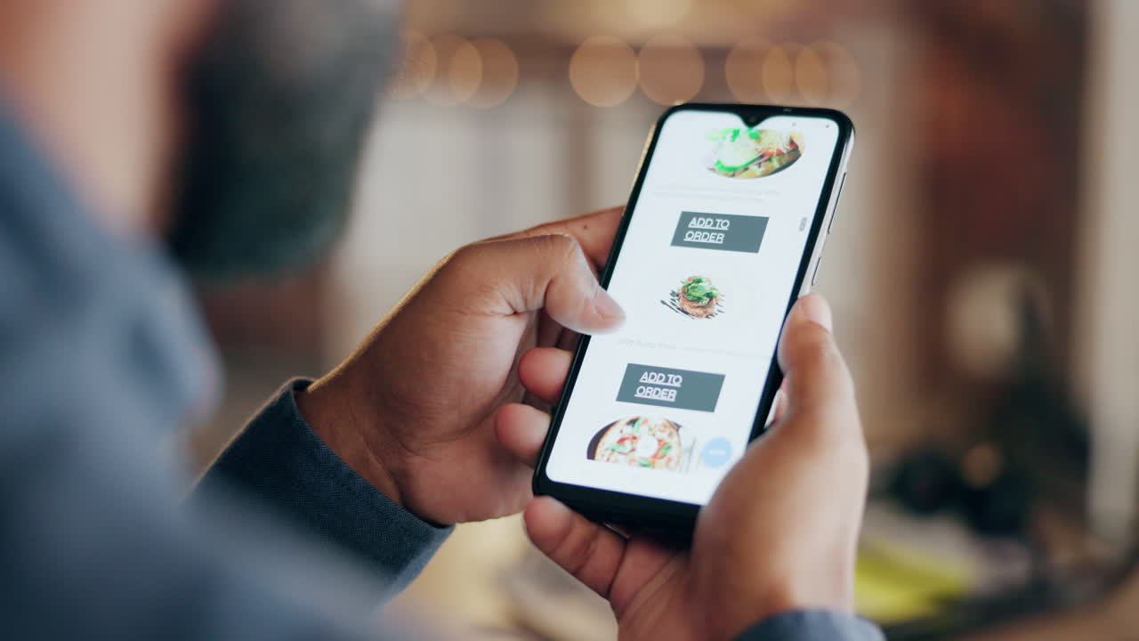 teléfono, pantalla con hombre de desplazamiento aplicación de entrega de alimentos