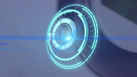 animation of rotating safe lock with countdown over light trail on blurred background