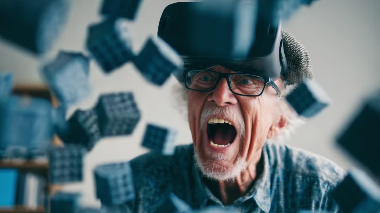 An elderly man experiences the thrill of virtual reality as he engages with a digital world, showcasing his emotions of surprise and joy while interacting with animated blocks in a VR setting