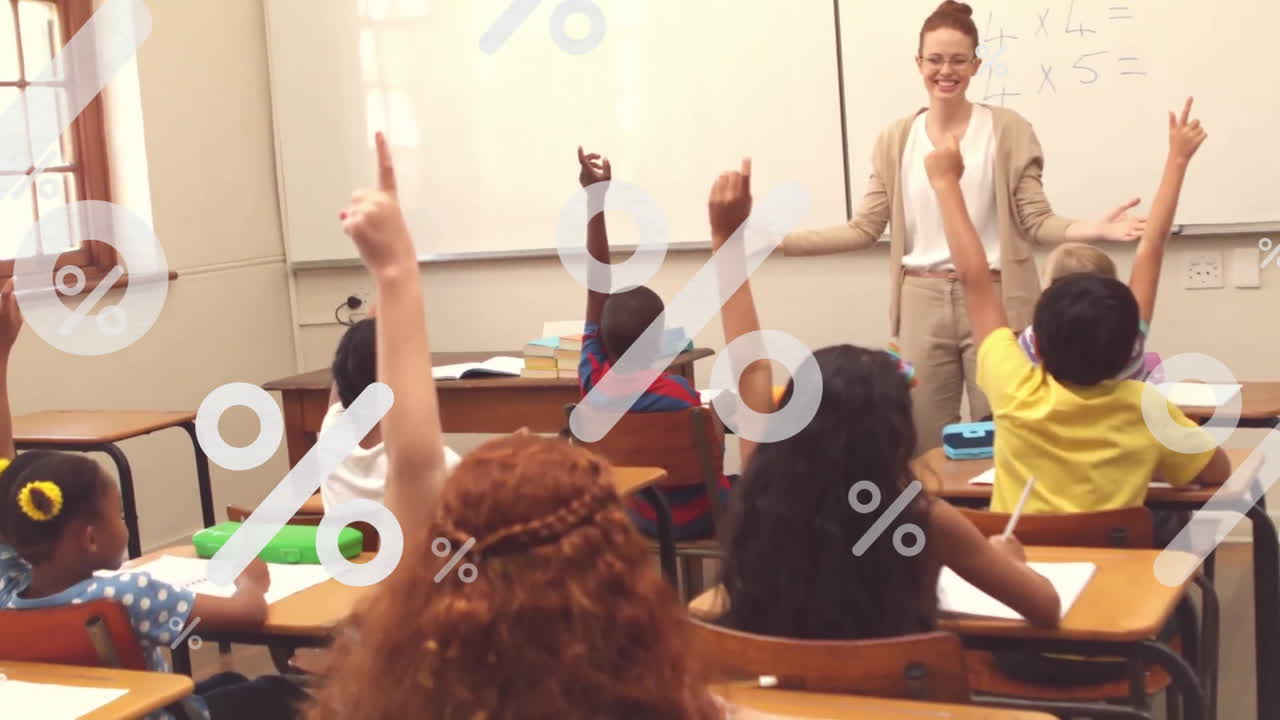Animation of percentage signs, diverse female teacher asking question and children raising hands