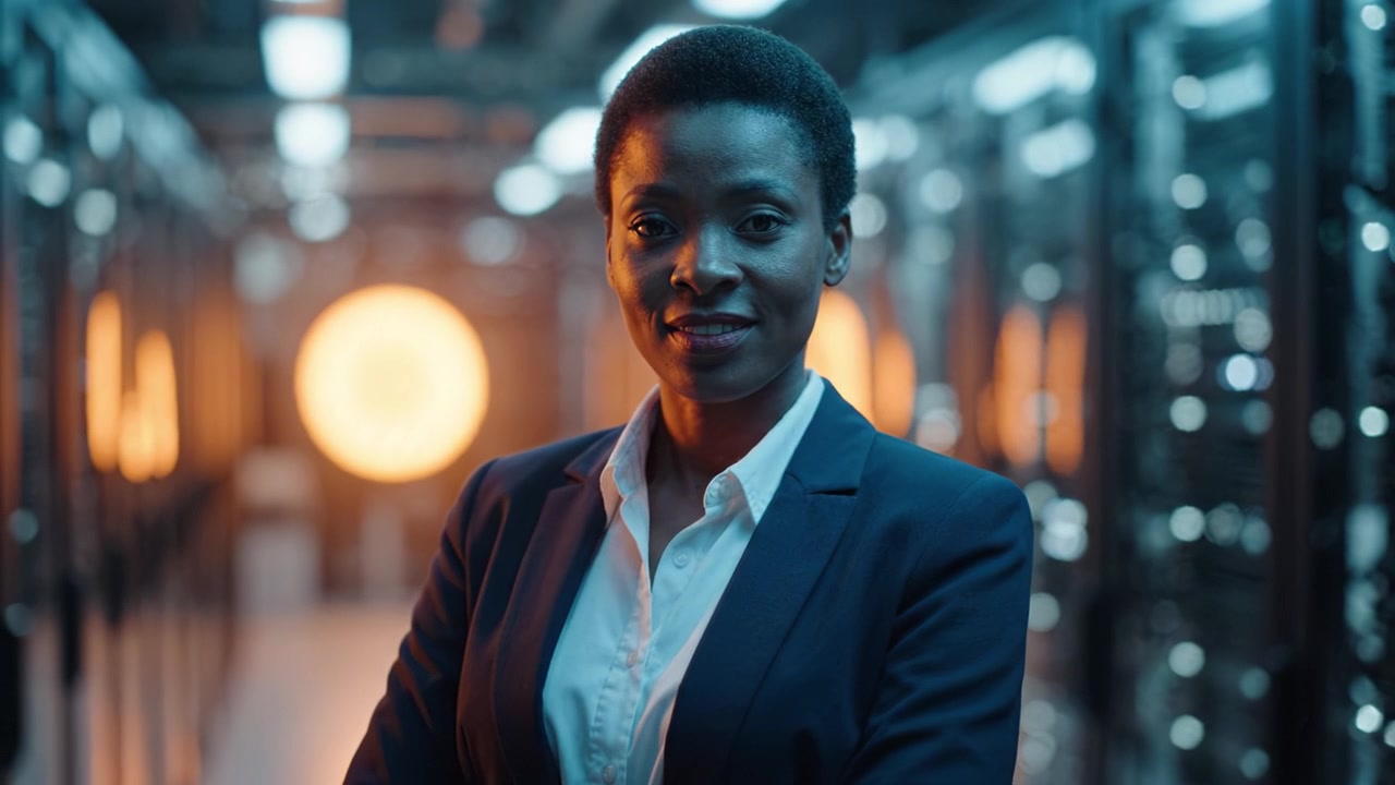 Donna professionista sicura di sé in un ambiente tecnologico, circondata da apparecchiature server e illuminazione ambientale, che mostra un mix di innovazione e leadership