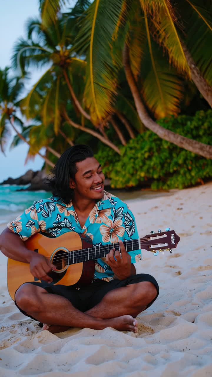 Man Playing Guitar on a Tropical Beach at Sunset