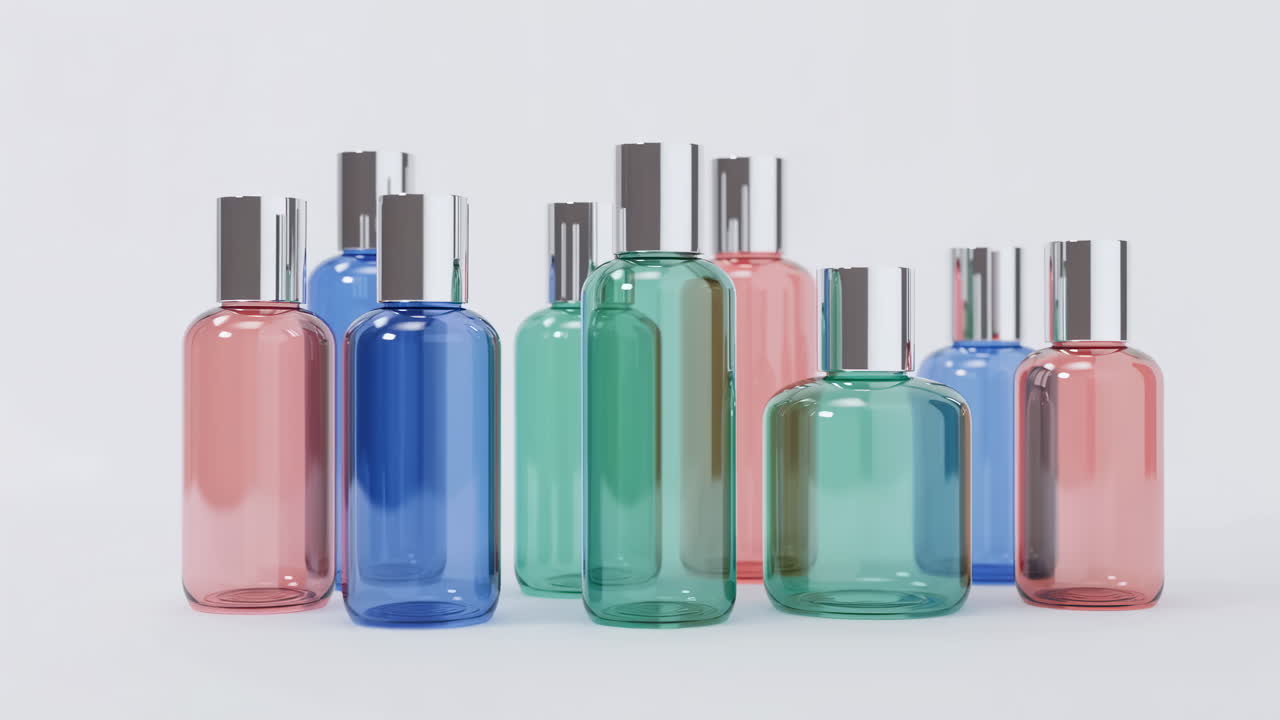 Flaconi cosmetici colorati e traslucidi disposti su sfondo bianco