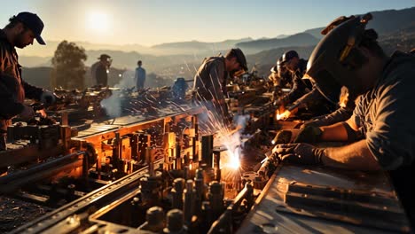 workers engage in metal fabrication at sunset in a mountainous location
