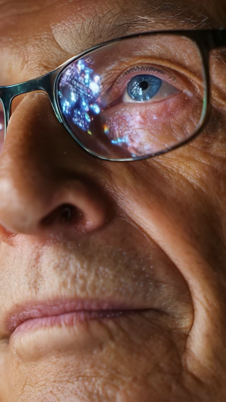 Captivating close-up portrait of an elderly man's face, highlighting his thoughtful expression, intricate details of wrinkles, glasses, and a deep emotional connection