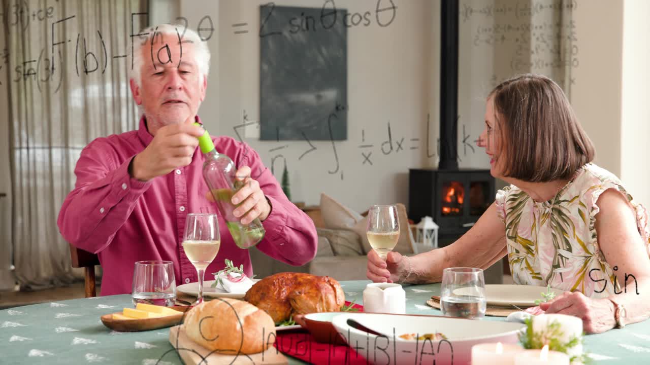 Senior man reaching, pouring wine to share meal, handwritten math overlays growing over table