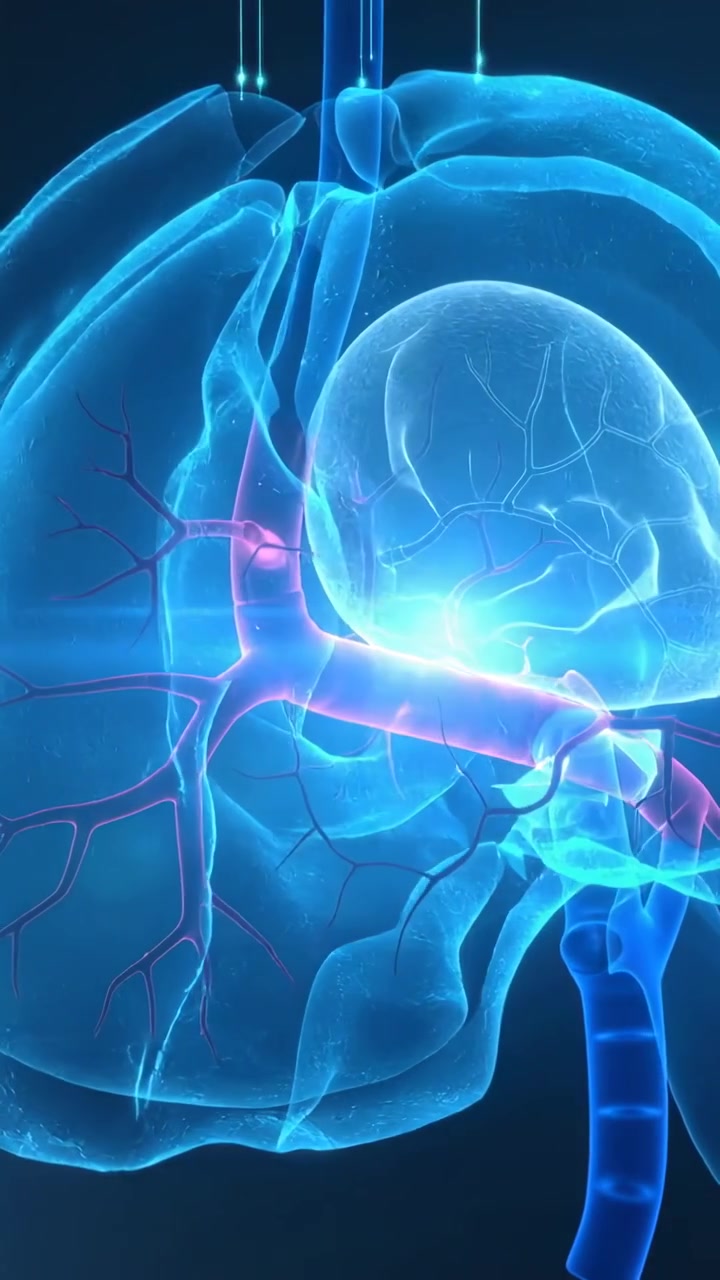 Vertical video: Rotating 3D lungs showing airway, vessels in lab after three lights showing anatomy