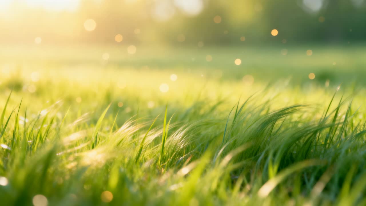 暖かい草原のそよ風に揺れる手前の草の葉が、しなっては落ち着き、露ときらめくボケを伴う。