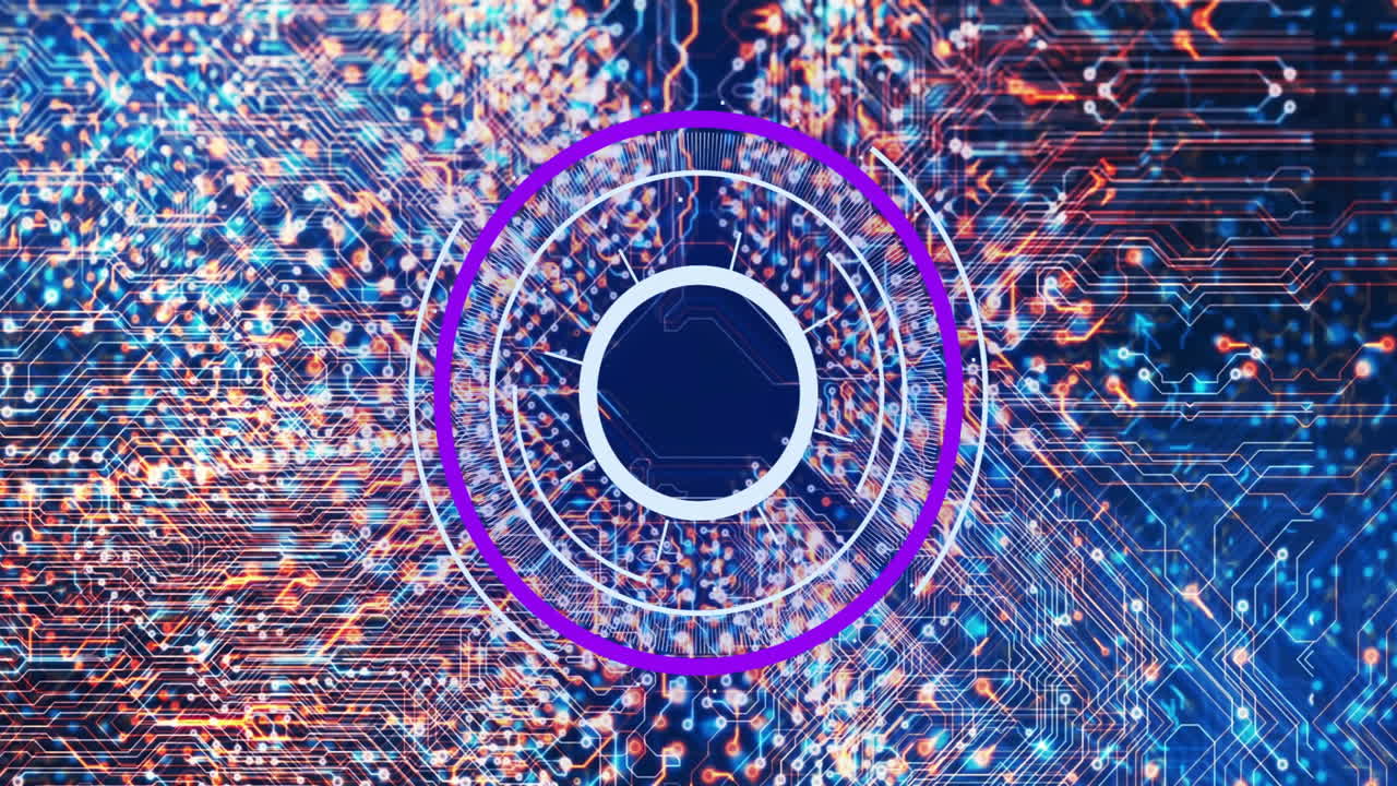 Animation of digital interface on vibrant circuit board with glowing connections