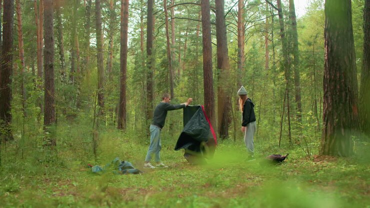 Young man shakes out tent fabric in forest clearing while woman stands watching, surrounded by tall pine trees and scattered camping gear on lush green grass during peaceful outdoor camping