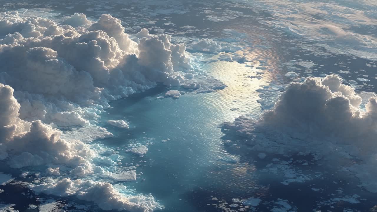 Aerial View of Serene Ocean Waters Surrounded by Fluffy Clouds Capturing the Beauty of Nature's Tranquil Landscape and Reflections in the Water