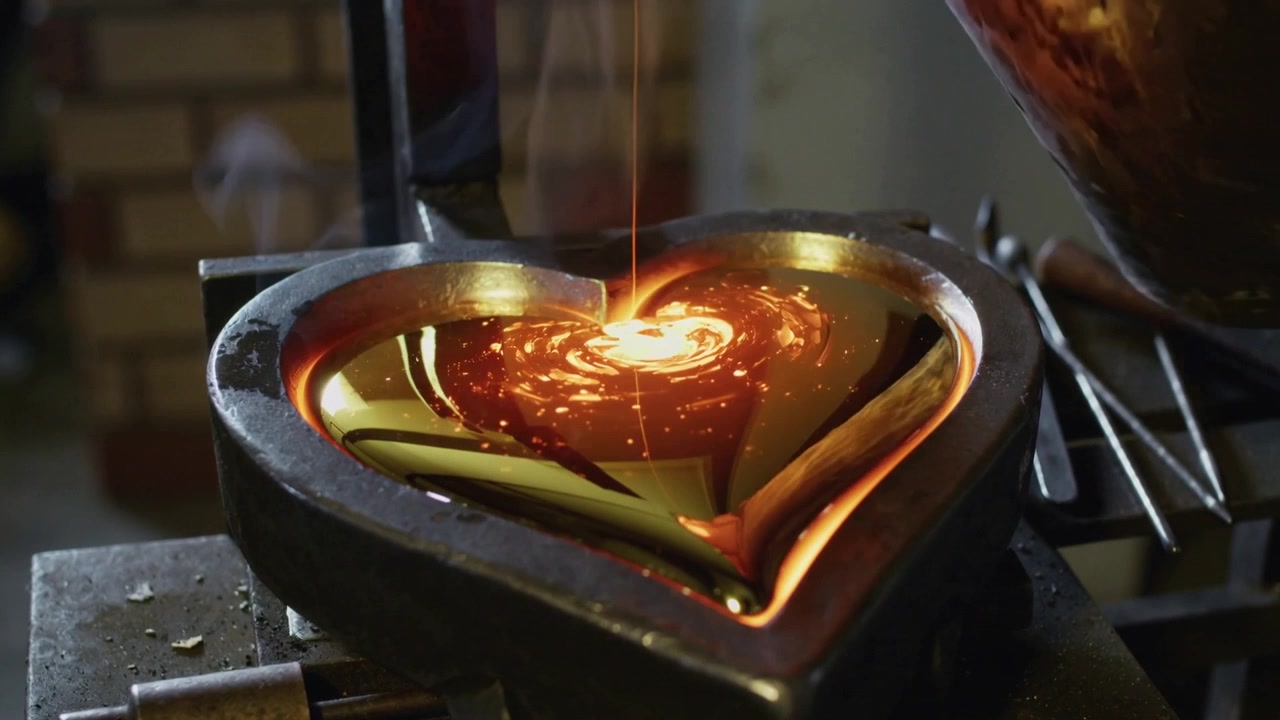 Ladle tipping pouring molten metal into heart-shaped mold at bench, forming heart swirl casting