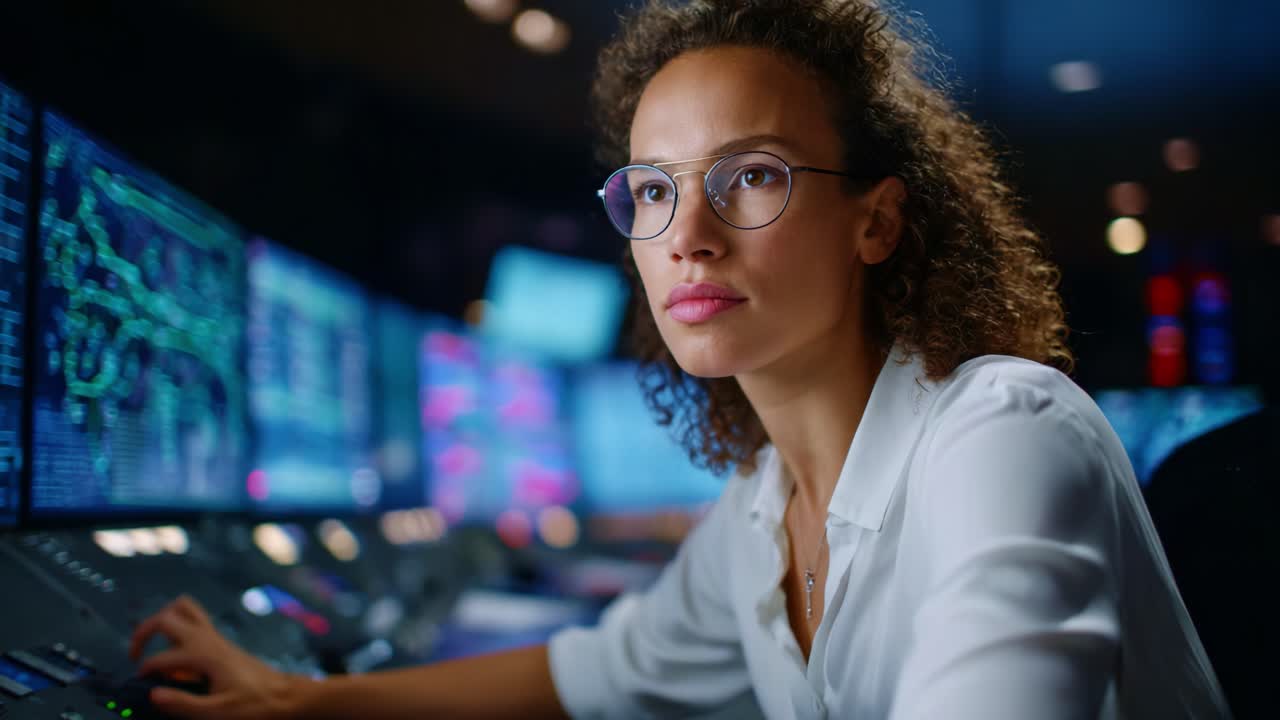 Focused Female Engineer Analyzes Data on Screens in a High-Tech Control Room, Demonstrating Intense Concentration and Technical Expertise in Modern Interface Environment