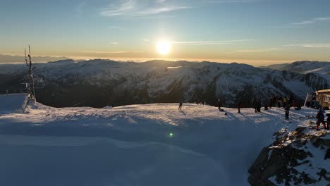 drone shot reveals musala peak, summit during sunset, dusk, bulgaria, rila mountain, highest summit on the balkans, clear sky, amazing, stunning view, twilight, blue hour, golden hour